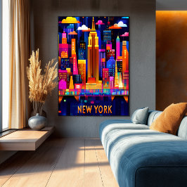 New York City Neon Glow - Geometrische Skyline Art Poster