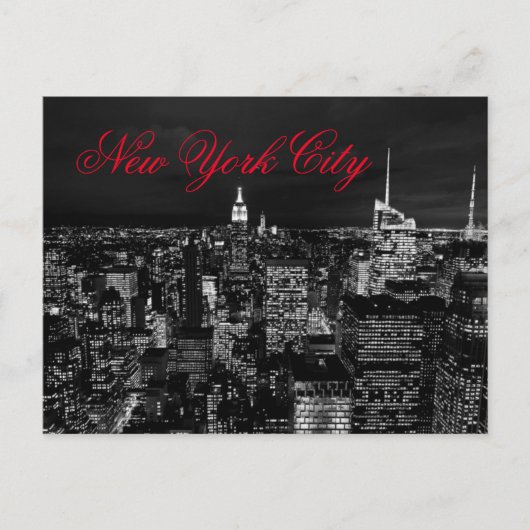New York City Night Black & White Red Script Postkarte (Vorderseite)