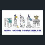 New York City NYC Happy Hanukkah Chanukah Holiday Rechteckiger Aufkleber<br><div class="desc">Eine originelle Brien-and-Tinte-Illustration verschiedener New Yorker Sehenswürdigkeiten,  die für die Urlaubssaison "gekleidet" sind. Perfekt für Hanukkah! Diese Chanukah Illustration ist auch auf anderen Produkten verfügbar. Sehen Sie nicht,  wonach Sie suchen? Brauchen Sie Hilfe bei der Anpassung? Kontaktieren Sie Rebecca,  um etwas für Sie entworfen zu haben.</div>