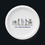 New York City Sehenswürdigkeiten Hanukkah NYC Chan Pappteller<br><div class="desc">Eine originelle Brien-and-Tinte-Illustration verschiedener New Yorker Sehenswürdigkeiten,  die für die Urlaubssaison "gekleidet" sind. Ideal für hanukkah Feiern.</div>