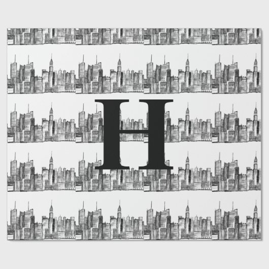 New York City Simple Elegant Schwarz-weiß Monogram Geschenkpapier (Flach)