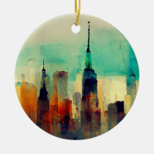 New York City Sky Line - Wasserfarbe Keramik Ornament