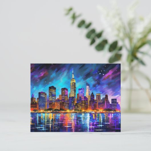 New York City Skyline am Abend Abstrakte Malerei Postkarte (Stehend Vorderseite)