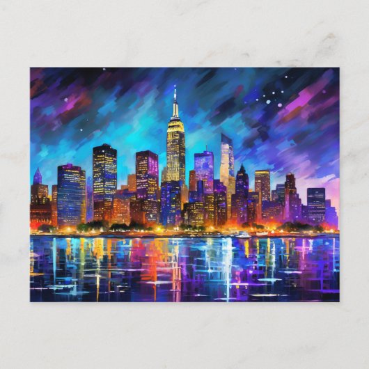 New York City Skyline am Abend Abstrakte Malerei Postkarte (Vorderseite)