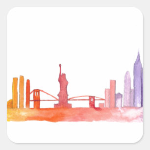 NEW YORK CITY Skyline Aquarell farbenfroh NYC Quadratischer Aufkleber