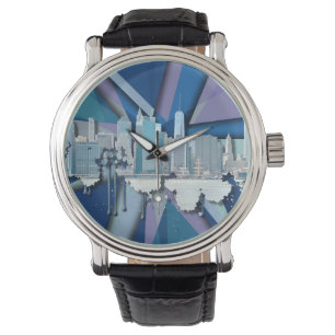 New York City Skyline   Blue 3D Armbanduhr