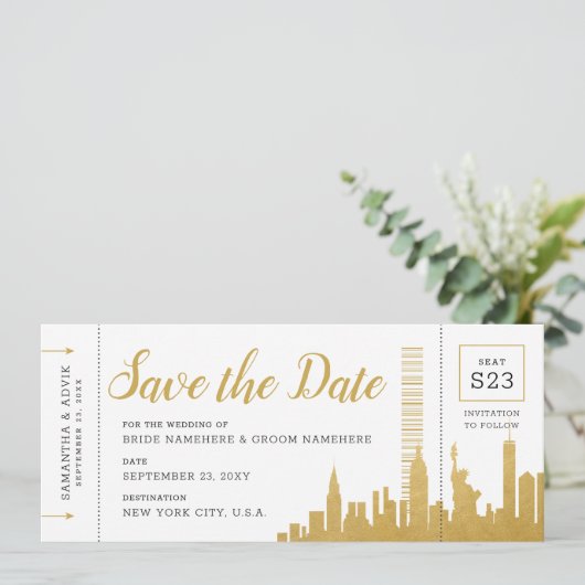 New York City Skyline Boarding Pass Rett Date Card Ankündigung (Stehend Vorderseite)
