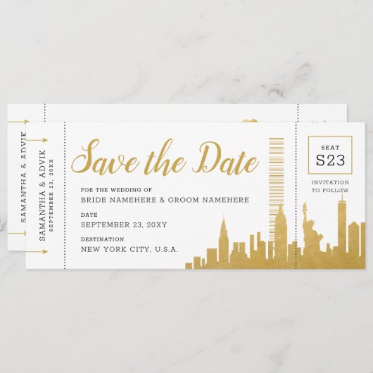 New York City Skyline Boarding Pass Rett Date Card Ankündigung (Vorne/Hinten)