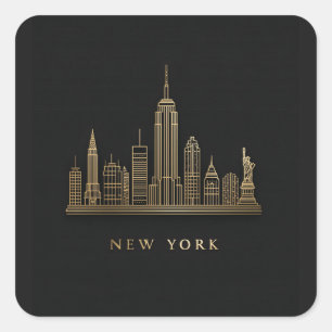 New York City Skyline Gold Line Art Quadratischer Aufkleber