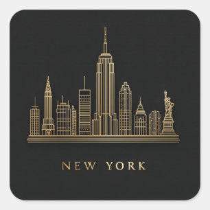 New York City Skyline Gold Line Art Quadratischer Aufkleber