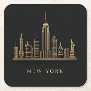 New York City Skyline Gold Line Art Rechteckiger Pappuntersetzer