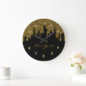 New York City Skyline | Golden Confetti Glitzer Große Wanduhr (Zuhause)