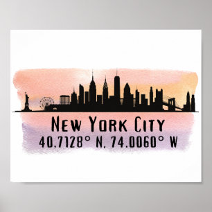 New York City Skyline Latitude und Länge Poster