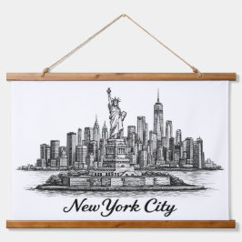 New York City Skyline Line Art Illustration Wandteppich Mit Holzrahmen