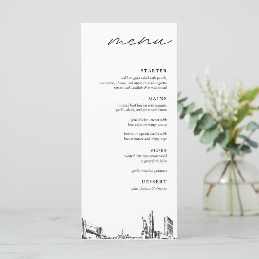 New York City Skyline Modern Wedding Dinner Menu Menükarte (Stehend Vorderseite)