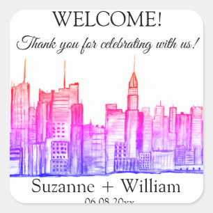 NEW YORK CITY Skyline Rosa Hochzeitsgunstartikel Quadratischer Aufkleber