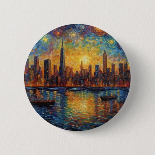 New York City Skyline van Gogh Stil Button (Vorderseite)