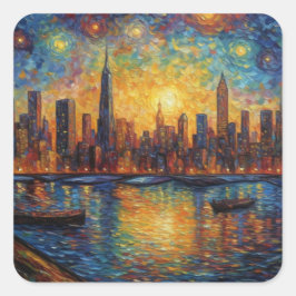 New York City Skyline van Gogh Stil Quadratischer Aufkleber