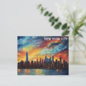 New York City Skyline Watercolor Sunset Postkarte (Stehend Vorderseite)