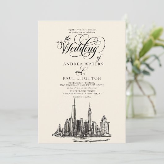 New York City Skyline Wedding Einladung (Stehend Vorderseite)