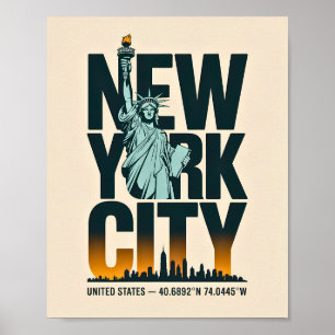 New York City Typografy Statue of Liberty Skyline Poster