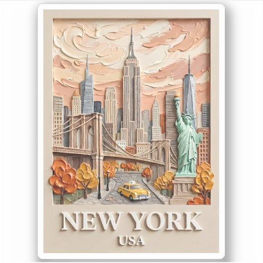 New York City Vintage 3D Textured Skyline Painting Aufkleber (Vorderseite)