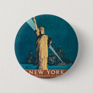 New York City Vintage Travel Liberty Skyline Button