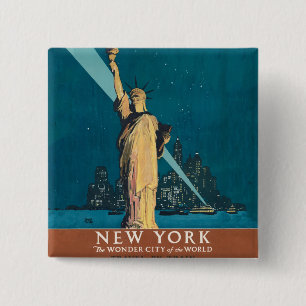 New York City Vintage Travel Liberty Skyline Button