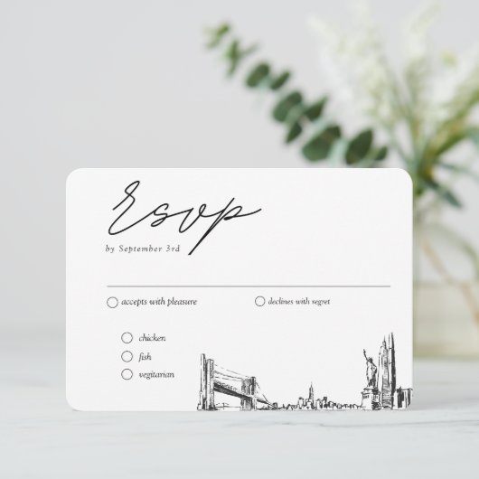 New York City Wedding Traditionelle UAWG Meal Opti Begleitkarte (Stehend Vorderseite)