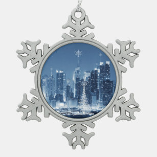 New York City Winter SkyLine Schneeflocken Zinn-Ornament