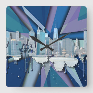 New- York CitySkyline blaues 3D Quadratische Wanduhr