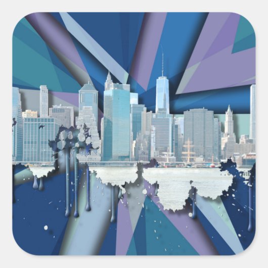 New- York CitySkyline | blaues 3D Quadratischer Aufkleber (Vorderseite)