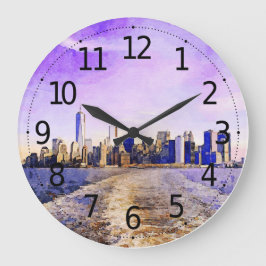 New York Digitale Aquarelllandschaft Große Wanduhr