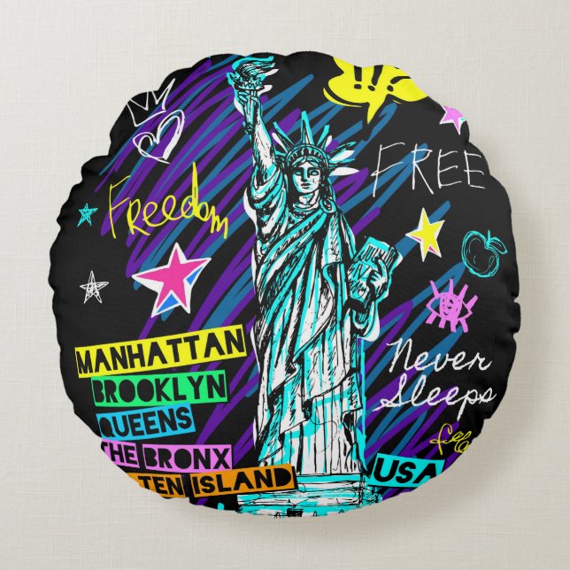 New York Doodle Rundes Kissen (Vorderseite)