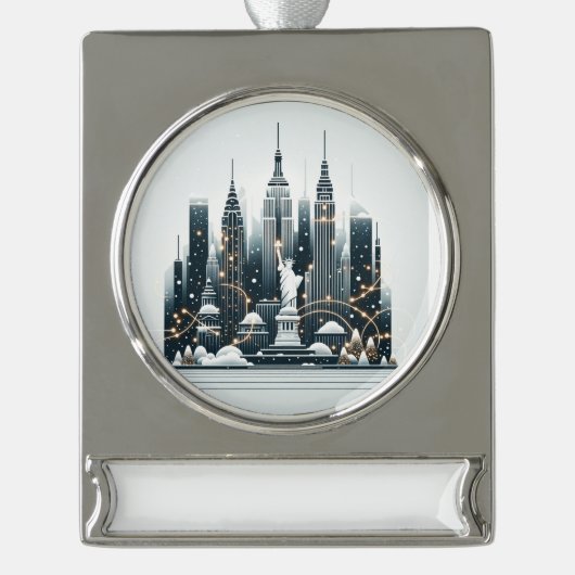 New York Holiday Elegance - Customizable Christmas Banner-Ornament Silber (Vorderseite)