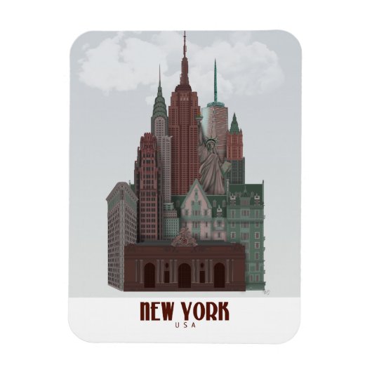 New York in Wolken - Dunkelrot und grün Magnet (Vertikal)