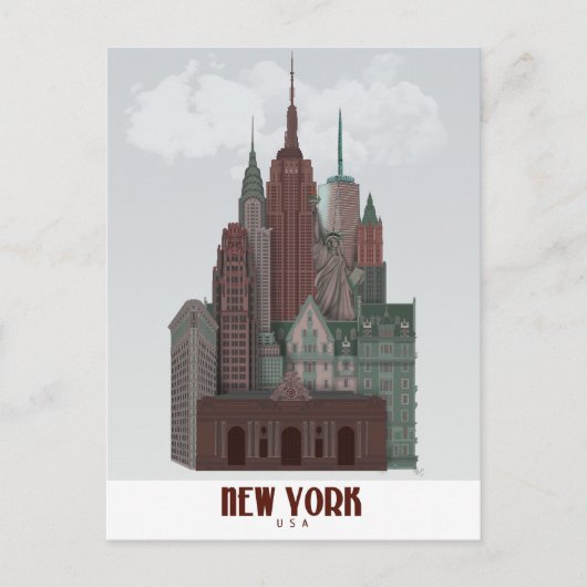 New York in Wolken - Dunkelrot und grün Postkarte (Vorderseite)