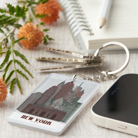 New York in Wolken - Dunkelrot und grün Schlüsselanhänger (Vorderseite rechts)
