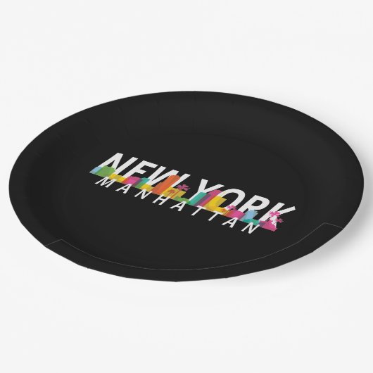 New York Manhattan Skyline mit Palmen Pappteller (Schrägansicht)