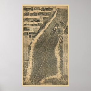 New York, NY panoramische Karte - 1879 Poster