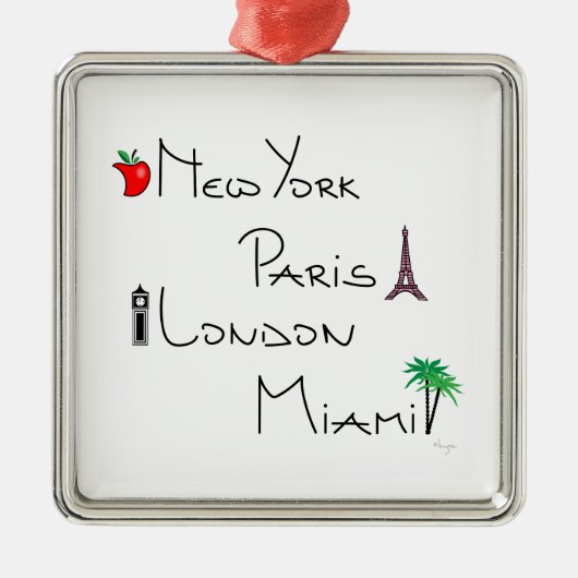 New York, Paris, London, Miami Silbernes Ornament (Vorne)