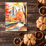 New York Park Wasserfarbenfrohe Wünsche Postkarte<br><div class="desc">New York Park fallen Wasserfarbe wünscht sich,  an Sie Postcard denken. Wasserfarbe New Yorker Zentralpark mit Blätter aus gelbem Blattwerk</div>