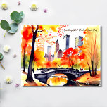 New York Park Wasserfarbenfrohe Wünsche Postkarte<br><div class="desc">New York Park fallen Wasserfarbe wünscht sich,  an Sie Postcard denken. Watercolor New Yorker Zentralpark mit Blätter aus gelbem Blattwerk</div>