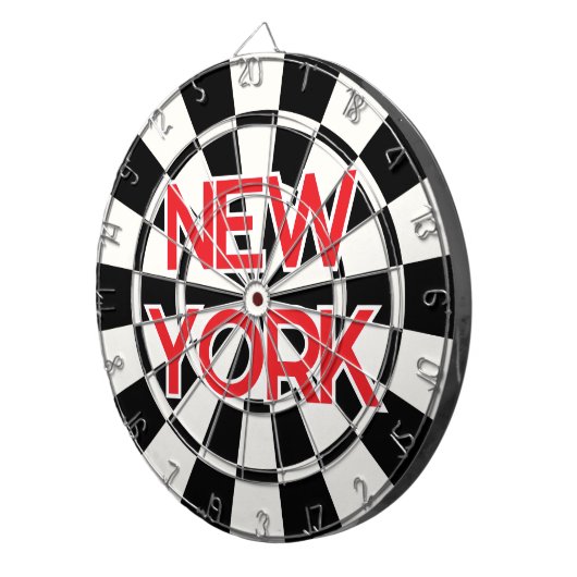 NEW YORK Retro Moderner roter Text auf Schwarz und Dartscheibe (Vorderseite rechts)