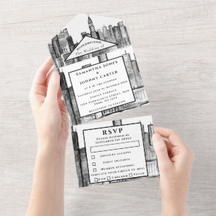 New York RSVP Schwarz-Weiß Moderne Hochzeit  All In One Einladung