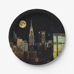 New York Skyline bei Nacht mit Vollmond Pappteller
