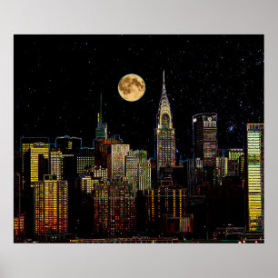 New York Skyline bei Nacht mit Vollmond Poster