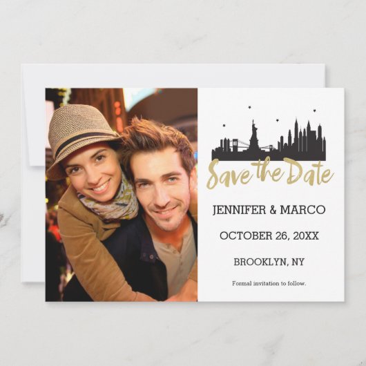 New York Skyline Gold Script Save the Date (Vorderseite)