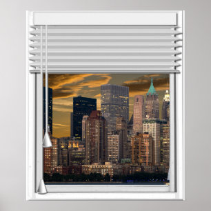 New York Skyline Imitate Window View with Blinds Poster