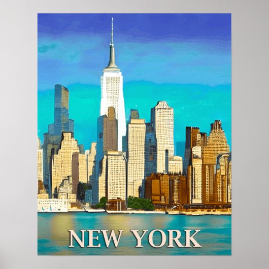 New York Skyline in Cobalt Blue und Tan Poster (Vorne)